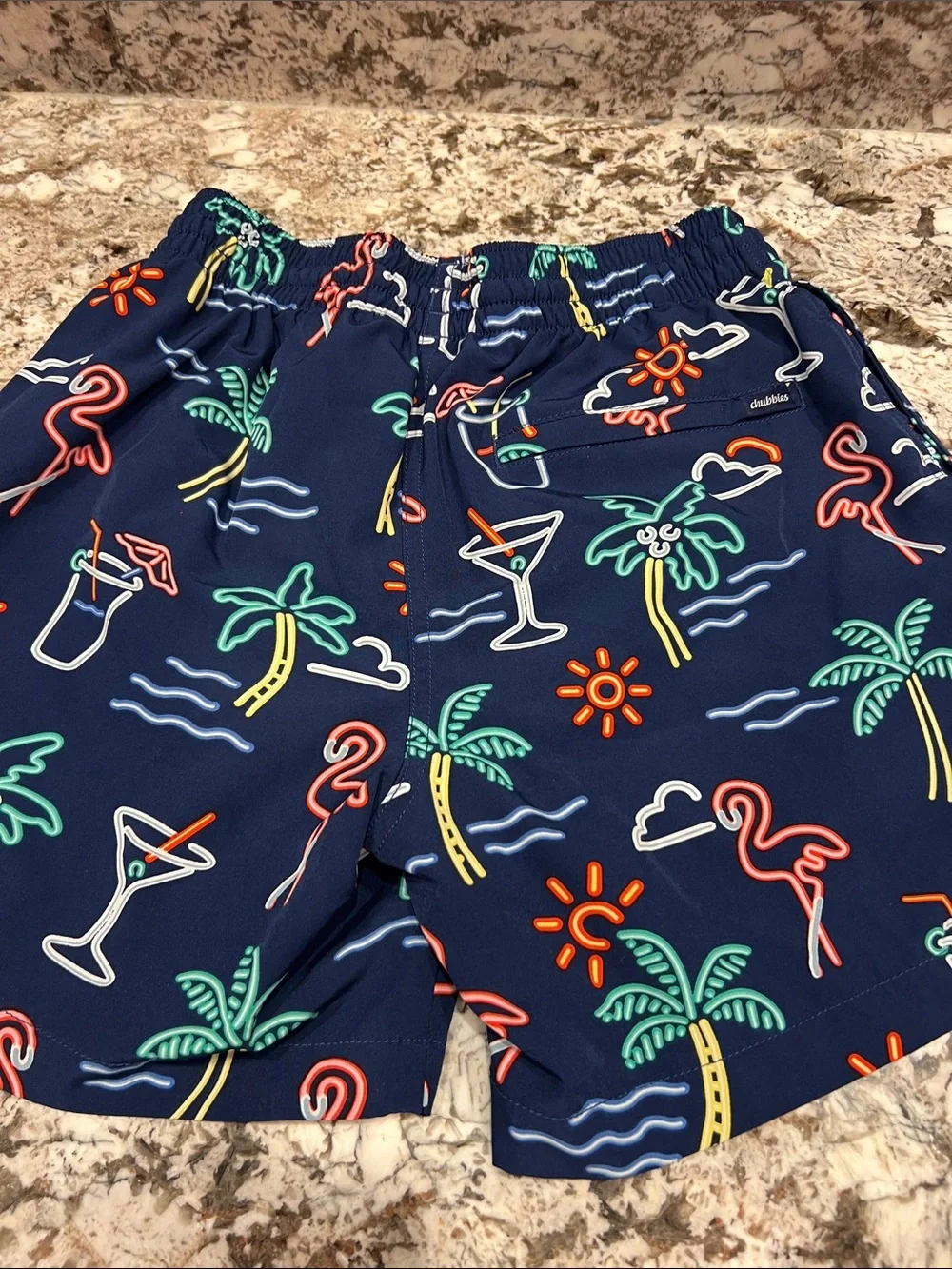 chubbies Navy Tropical Neon Print Swim Trunks